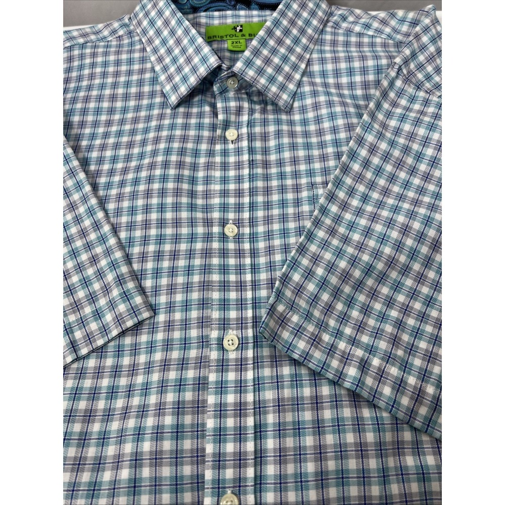 NWOT Bristol & Bull Short Sleeve Button Up Pocket Blue‎ Plaid Shirt Mens 2XL